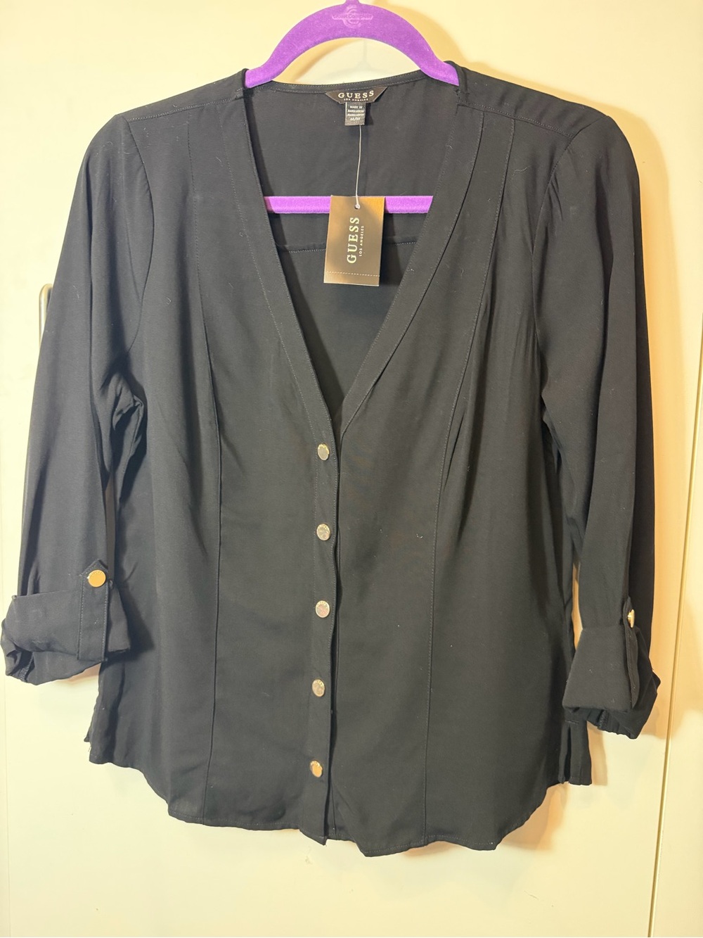 NWT GUESS Black Button-Front V-Neck Blouse